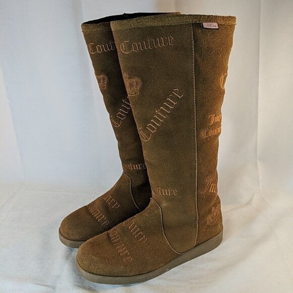 Juicy Couture Brown Faux Suede Moccasin Boots Knee High Tan Embroidered Y2K 8.5 - Picture 1 of 16